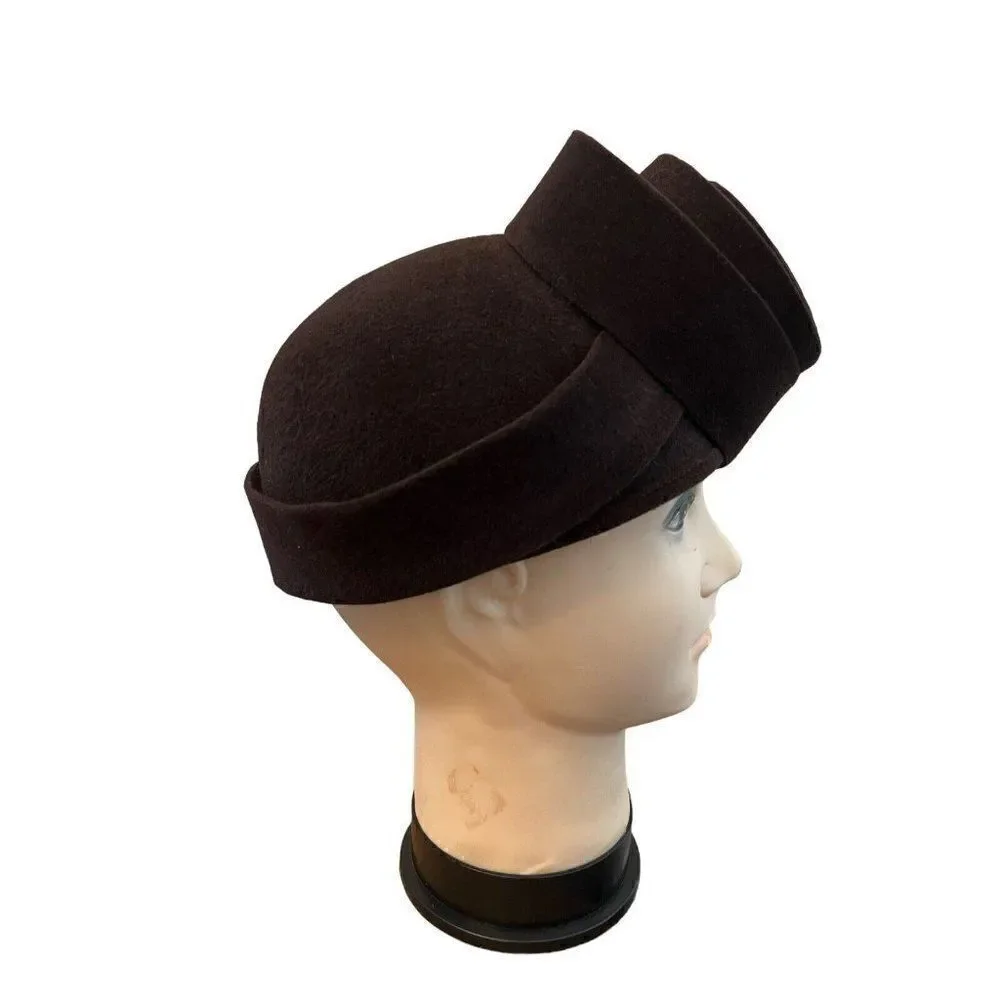 DIVA Ladies Brown Rabbit Hair Pillbox Hat Round Circle Flower Ribbon Hat Russia
